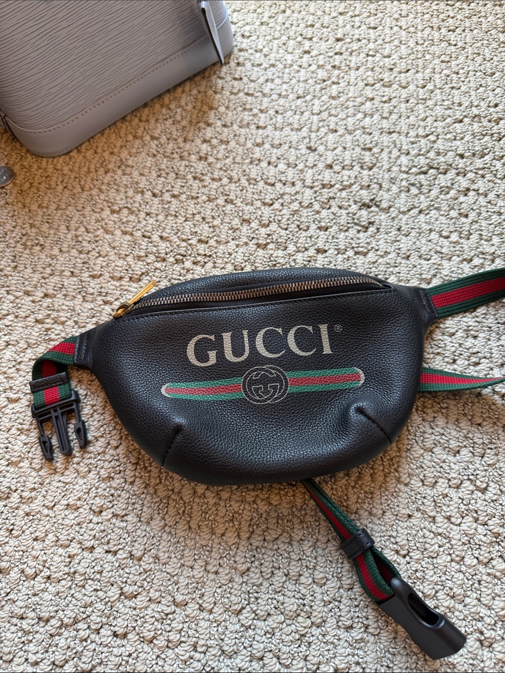 Gucci Black Leather Logo Belt Bag with Green and Red Web Stripe